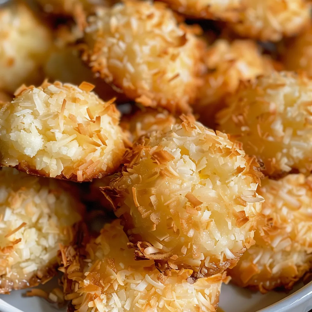 A tempting display of Flourless Lemon Coconut Macaroons, emphasizing their fluffy interior and golden edges.