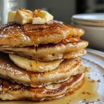 Fluffy banana apple pancakes stacked high with a golden-brown exterior and toppings.