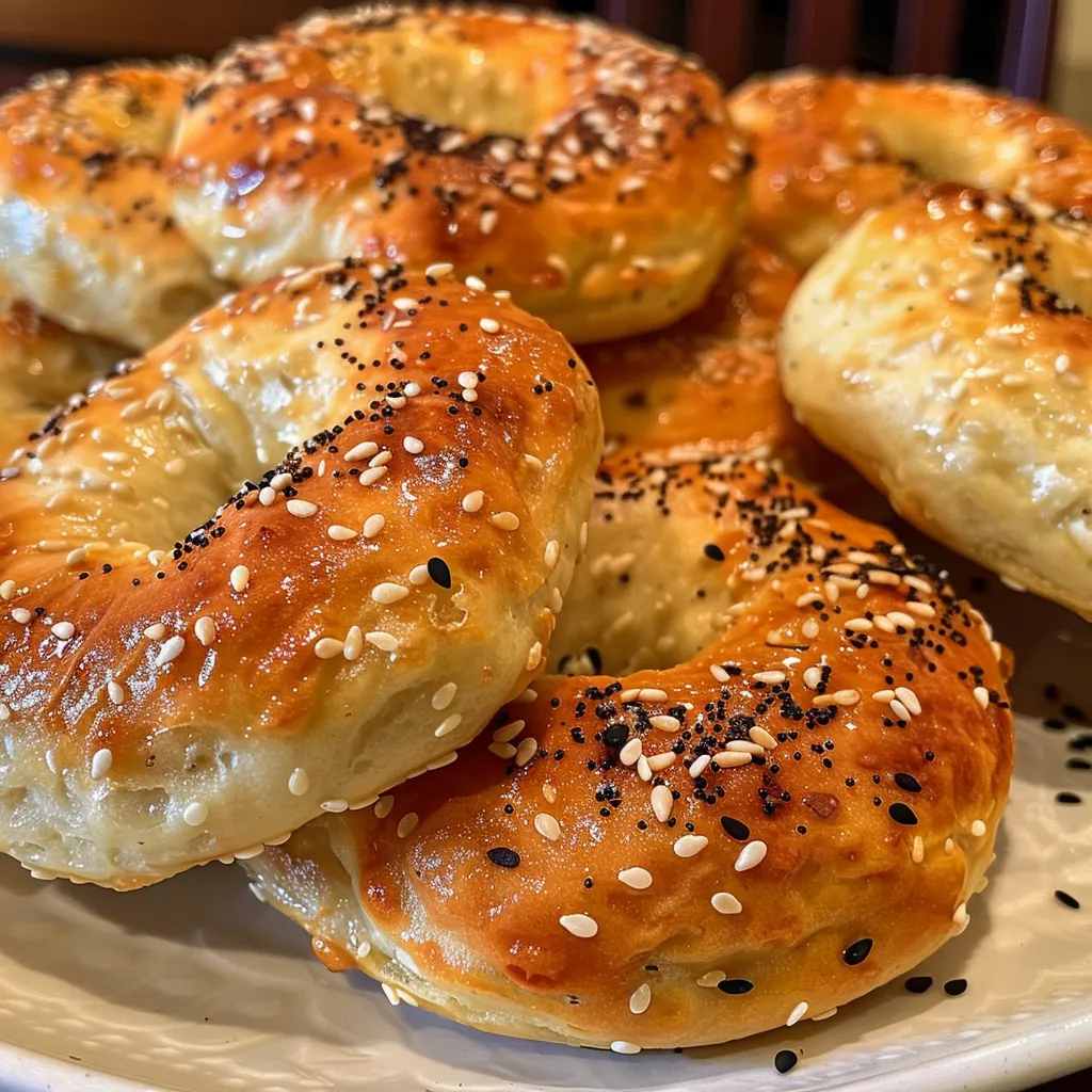 Side view of golden-brown bagels made with cottage cheese, featuring a fluffy, inviting appearance.