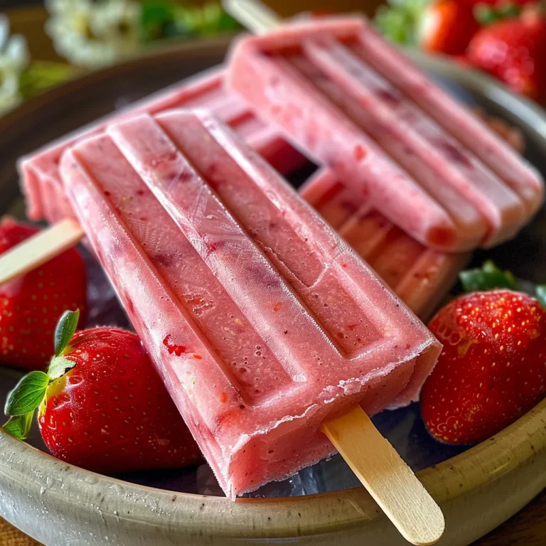 Delightful Strawberry Yogurt Popsicles: A Refreshing Summer Treat Detailed shot of homemade strawberry yogurt popsicles, displaying fresh sliced strawberries embedded within.