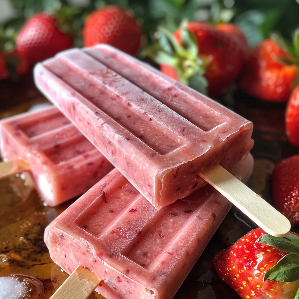 Close-up image of refreshing strawberry yogurt popsicles, emphasizing their bright color and creamy texture.