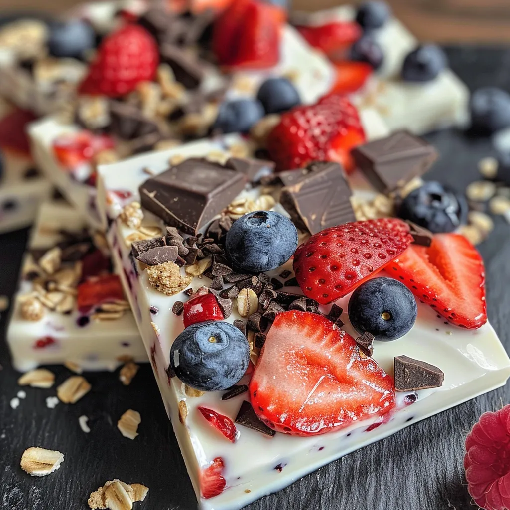 Vibrant Frozen Yogurt Bark with coconut flakes and fresh fruit slices.