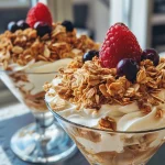 Juicy Frozen Yogurt Granola Cups featuring oats and almond butter, adorned with vibrant berries.