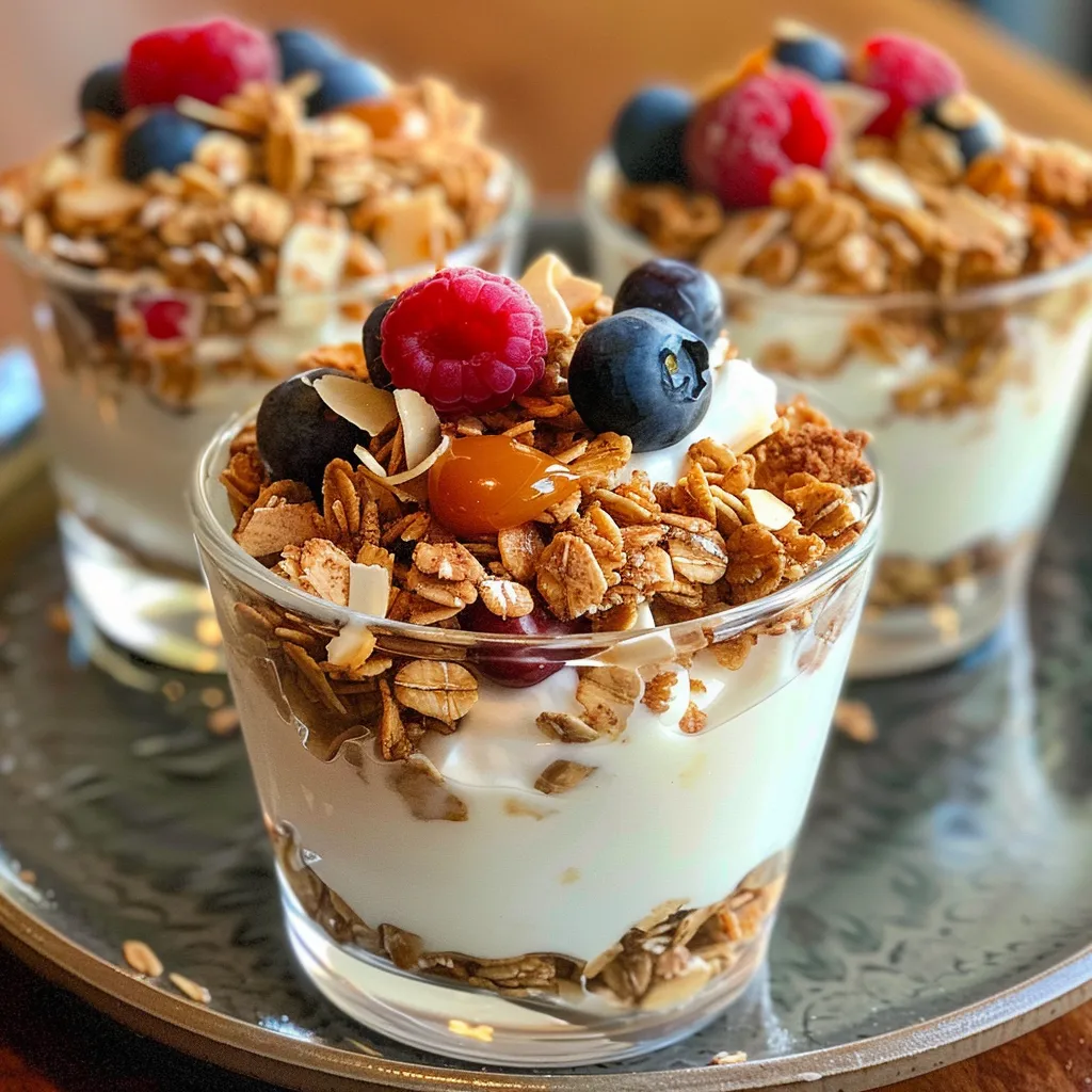 Delicious Frozen Yogurt Granola Cups displayed with a variety of berries on top.