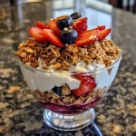 Close-up view of a layered fruit and yogurt parfait featuring strawberries, blueberries, and granola in a glass.