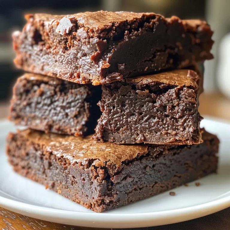 A close-up side view of rich fudgy brownies on a plate.