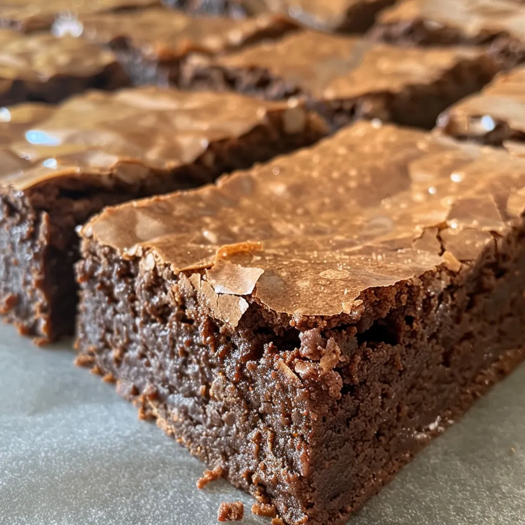 Decadent chocolate brownies with melted chocolate chips glistening on top.