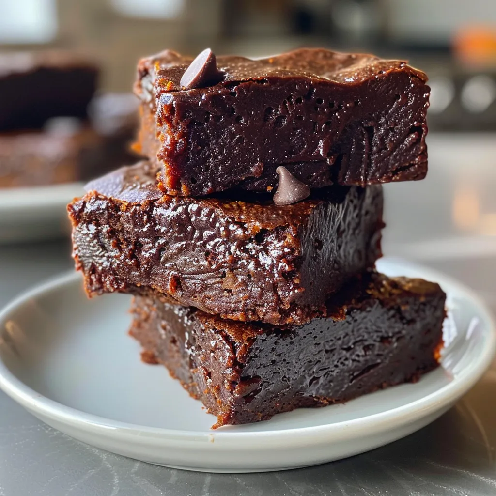 Side view of moist sweet potato brownies with melted chocolate chips on top, presented on a light background.