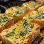 Close-up view of golden-brown garlic bread with melting butter and herbs.