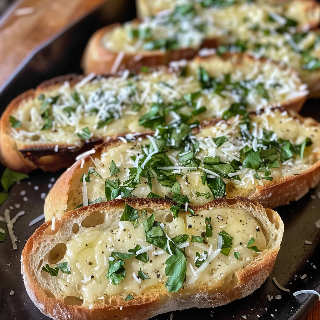 Juicy garlic bread topped with grated Parmesan and chopped parsley, side angle.