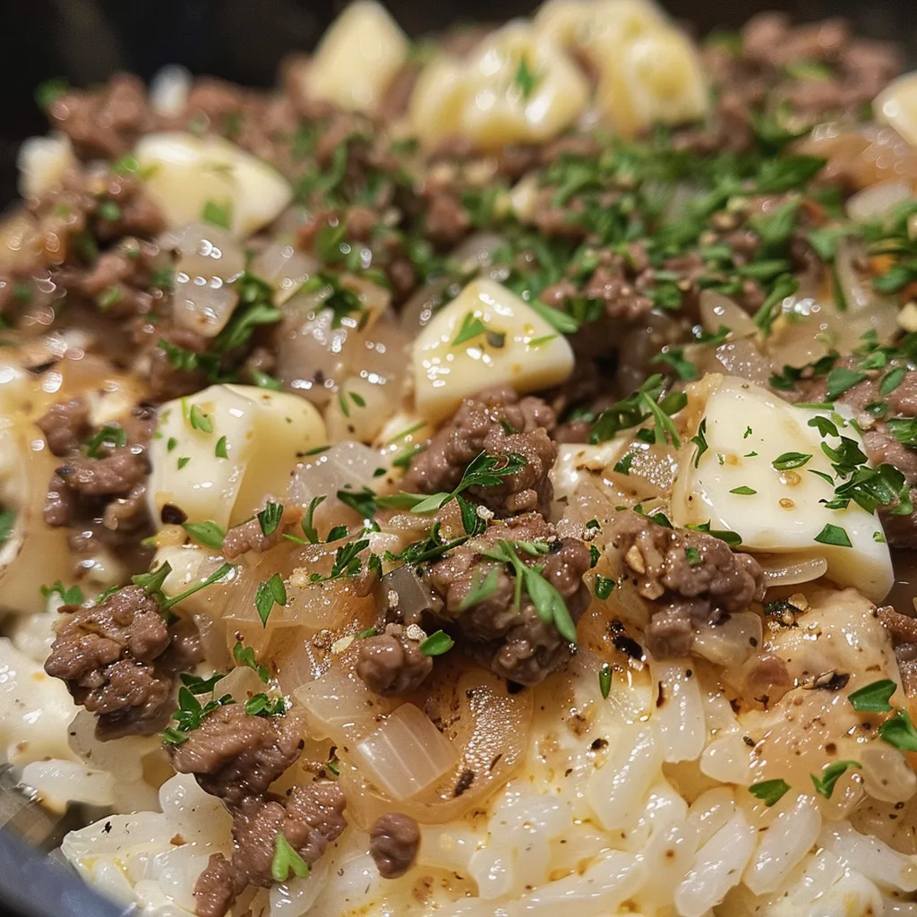 Juicy ground beef and fluffy rice mixed with garlic butter in a bowl.