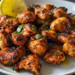 Succulent chicken bites in garlic butter sauce, with fresh parsley and lemon wedges for embellishment.
