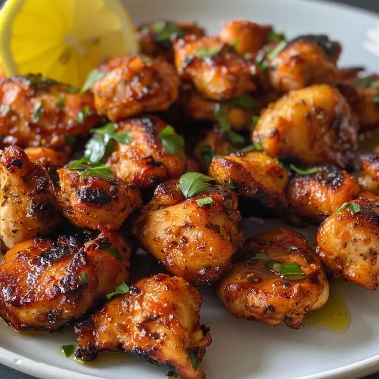 Savoring Simplicity: The Joy of Garlic Butter Chicken Bites Succulent chicken bites in garlic butter sauce, with fresh parsley and lemon wedges for embellishment.