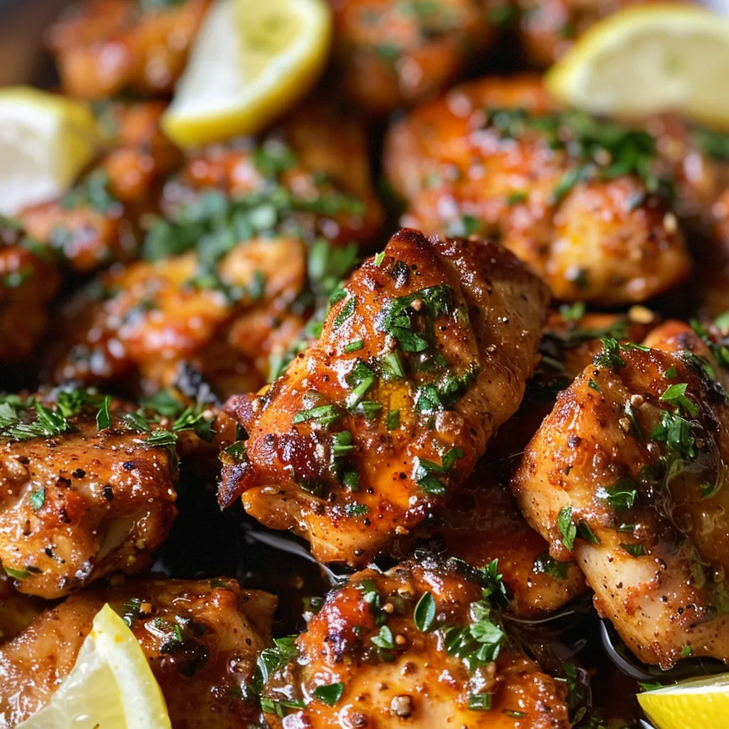 Side view of mouthwatering garlic butter chicken bites, revealing their juicy texture and seasonings.