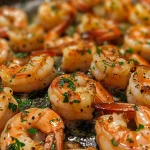 Juicy shrimp cooked in garlic butter, showing fresh parsley on top.