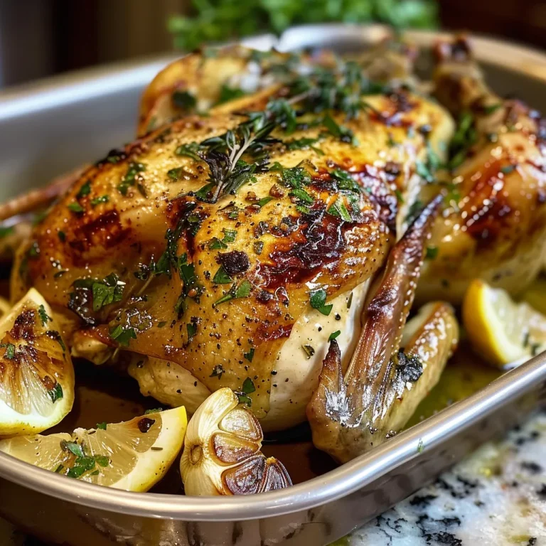 Unlocking Flavor: The Art of Garlic Herb Butter Roasted Chicken Deliciously roasted chicken adorned with fresh herbs and lemon, highlighting garlic cloves.