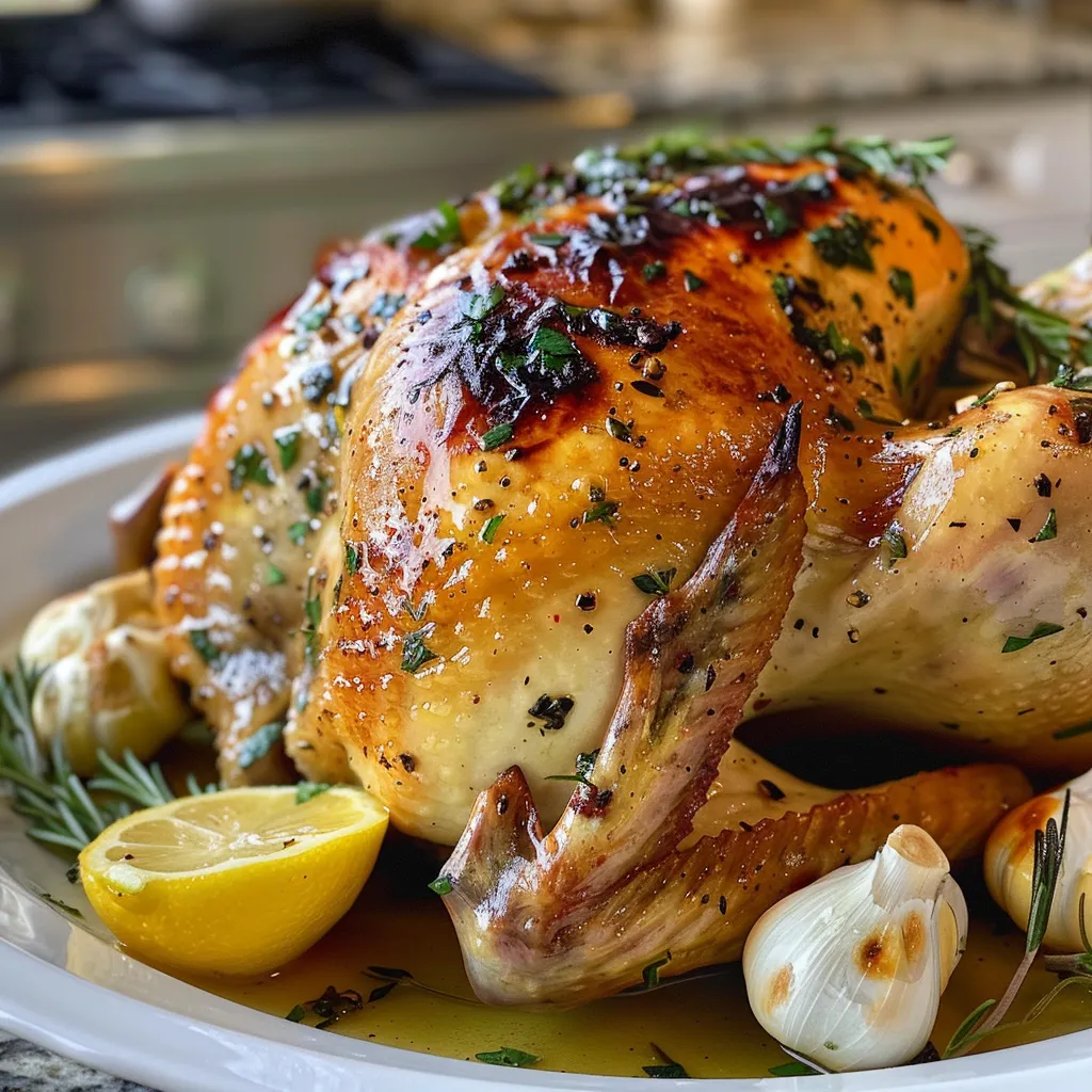 Side view of a golden-brown roasted chicken with herbs and garlic, ready to serve.