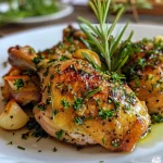 Detailed shot of crispy chicken thighs infused with herbs, emphasizing the roasted texture and garlic cloves.