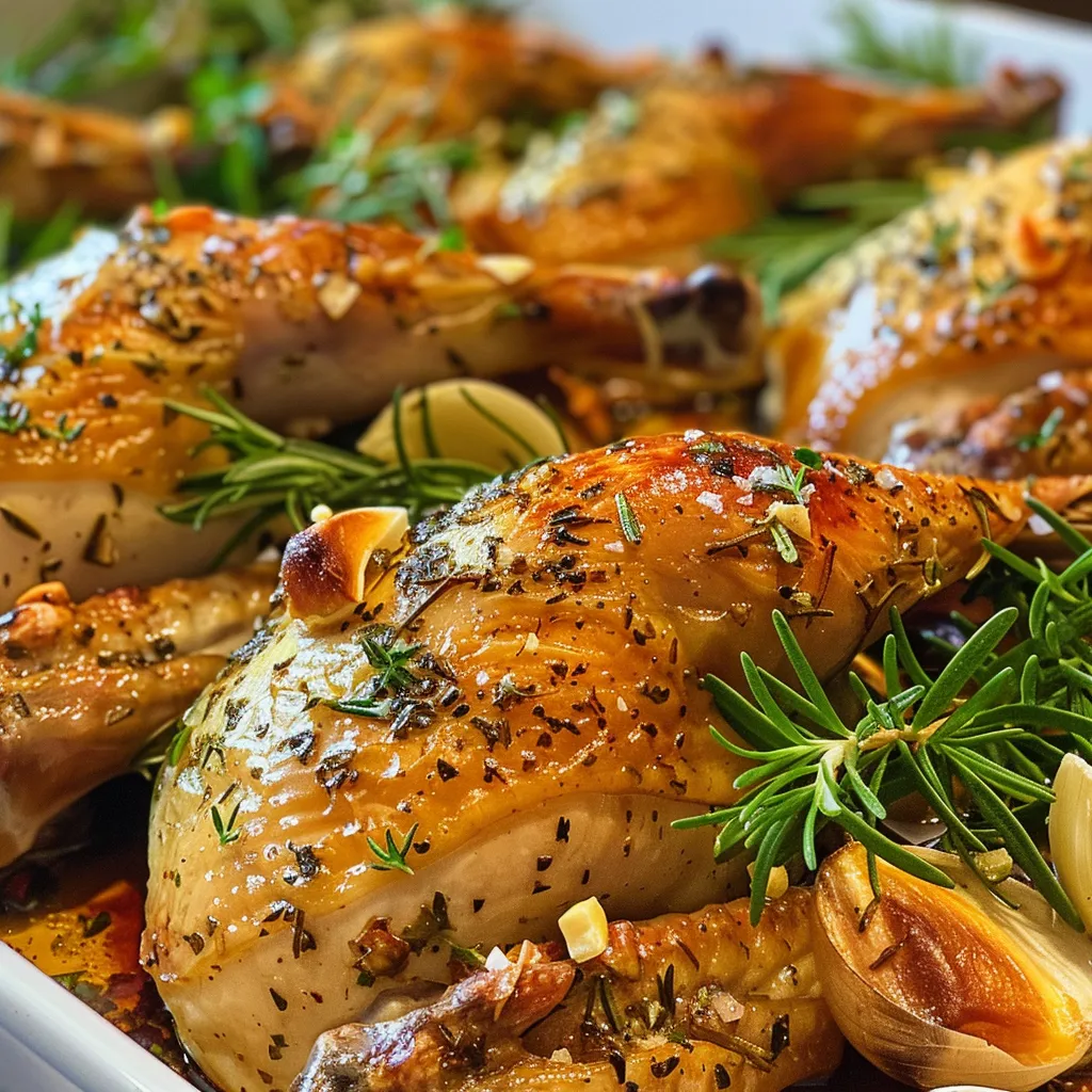 Appetizing side view of bone-in chicken thighs, seasoned with fresh herbs and garlic, ready to be served.