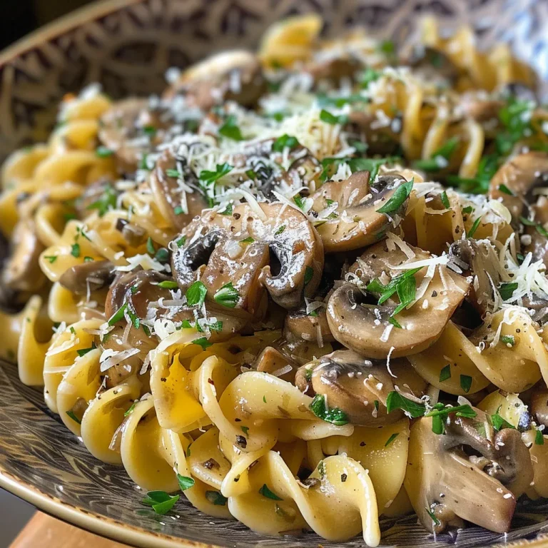 Elevate Your Dinner The Creamy Garlic Mushroom Pasta That Speaks Love A close-up side view of a creamy Garlic Mushroom Pasta dish topped with fresh parsley.