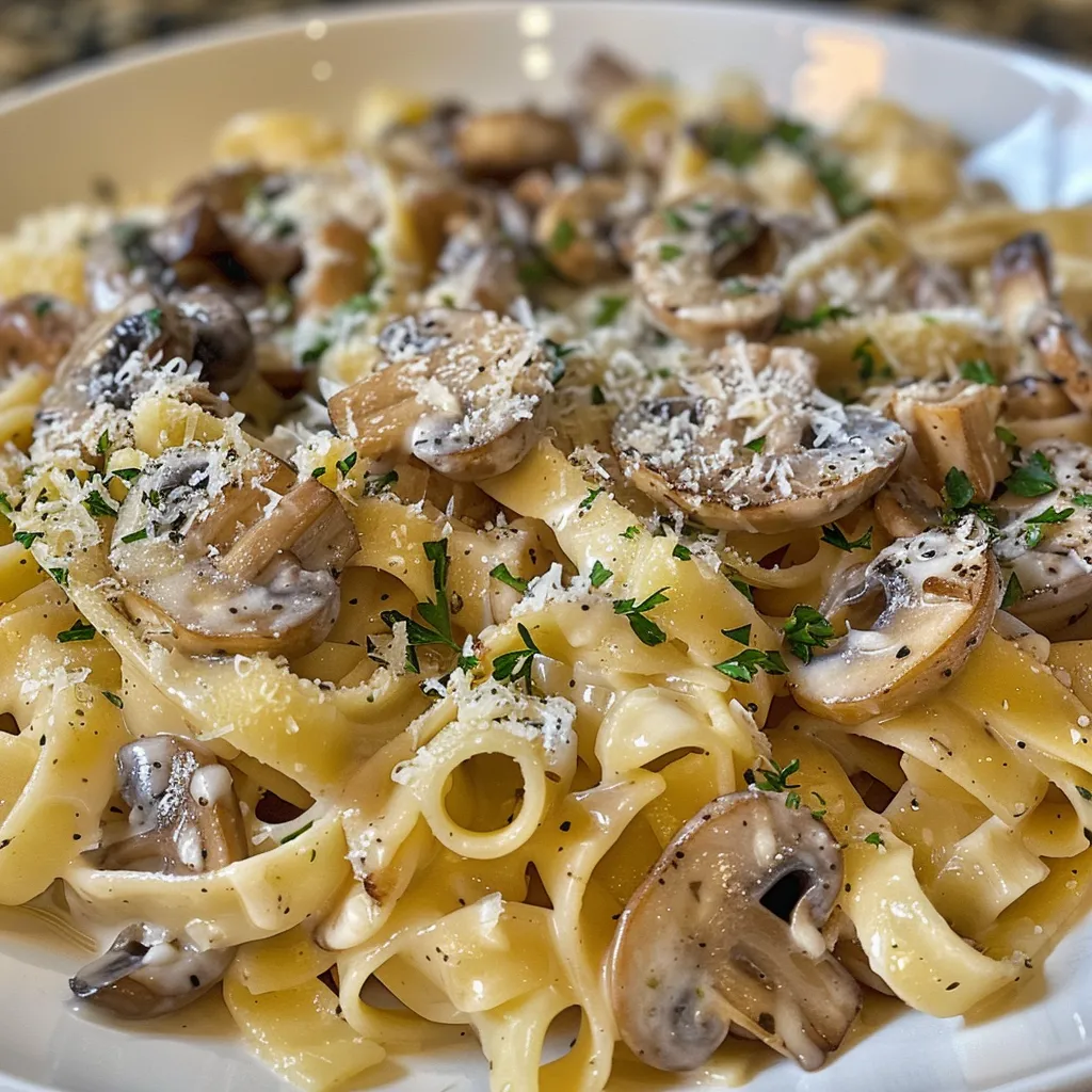 A vibrant plate of Garlic Mushroom Pasta featuring garlic, mushrooms, and a white creamy sauce.