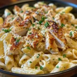 Deliciously plated Garlic Parmesan Chicken Pasta showcasing spaghetti and grilled chicken.