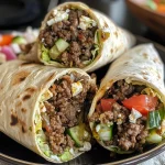 Juicy Greek beef wraps with roasted garlic feta sauce garnished with fresh vegetables.