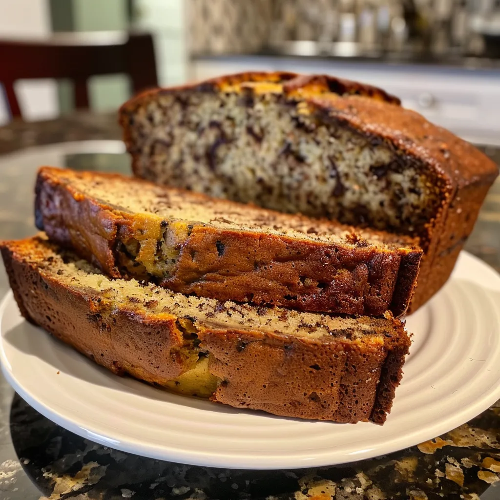 A slice of Greek Yogurt Banana Bread with chocolate chips, set against a neutral background.