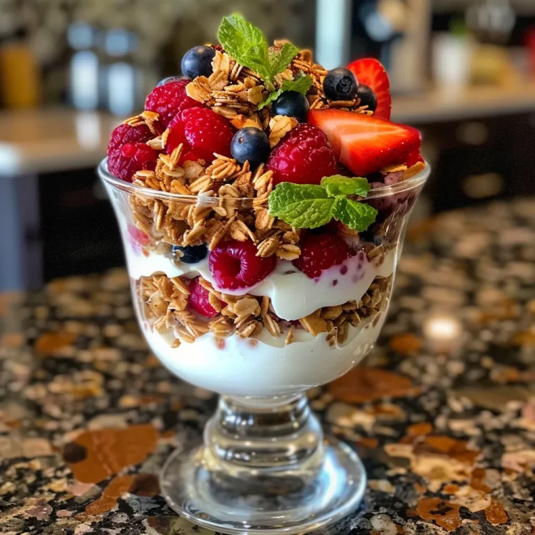 Close-up view of a colorful Greek yogurt berry parfait with layers of berries, granola, and yogurt.