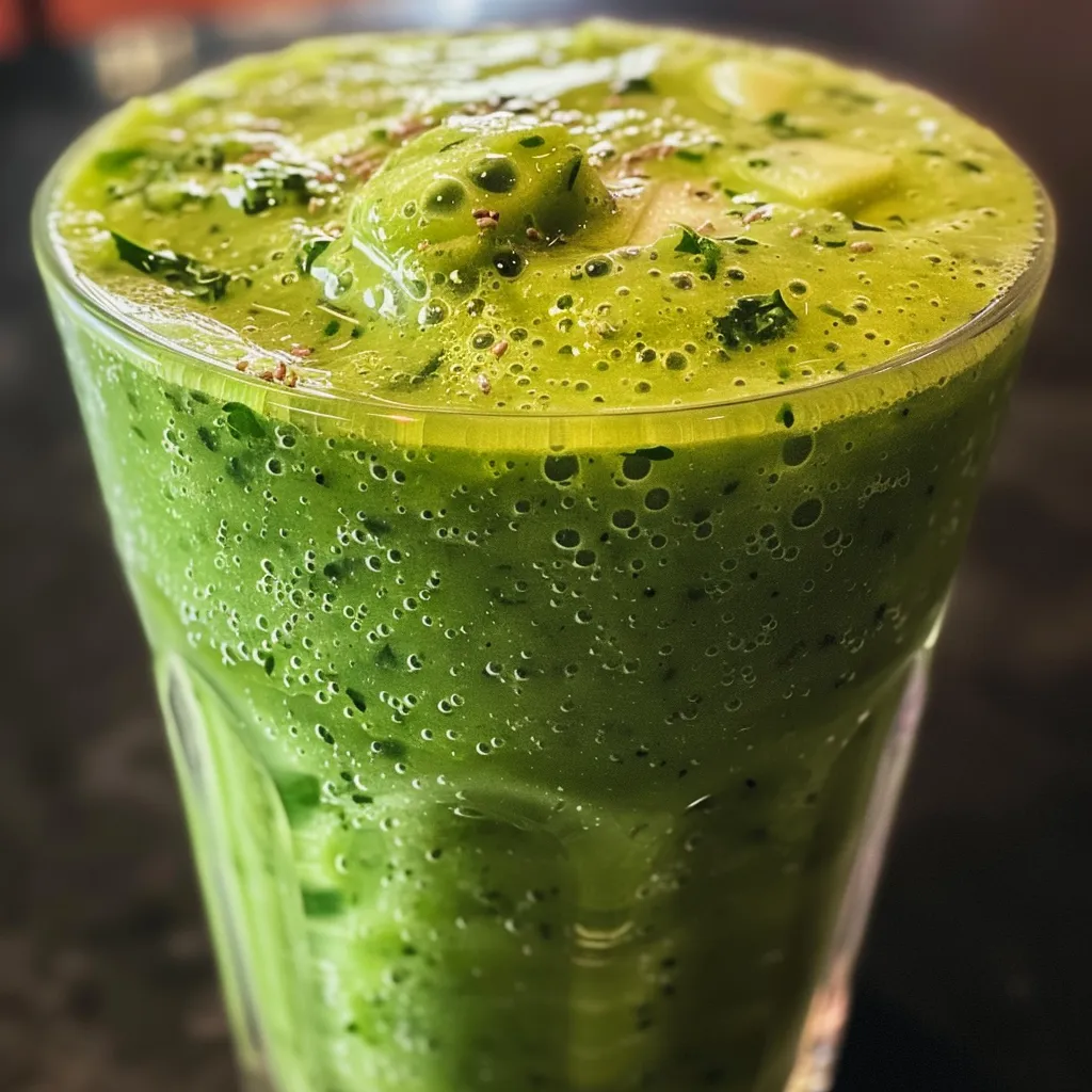 A refreshing green smoothie made with apples and spinach, shown from the side.