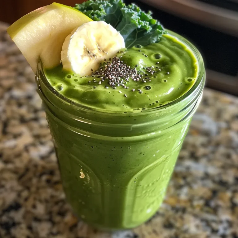 Refreshing green detox smoothie in a clear glass, highlighting the bright colors of fruits and vegetables.