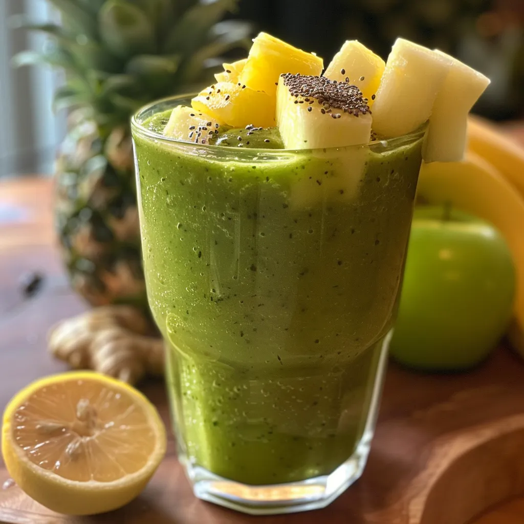 A healthy green smoothie made from spinach, kale, and ginger, set against a simple background.