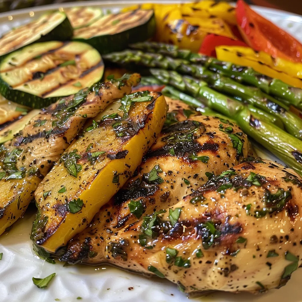 Close-up of grilled chicken with asparagus, zucchini, yellow squash, and red bell pepper.