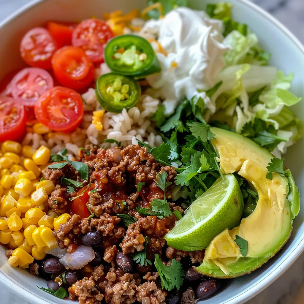 Close-up of a colorful burrito bowl filled with ground beef and vegetables.
