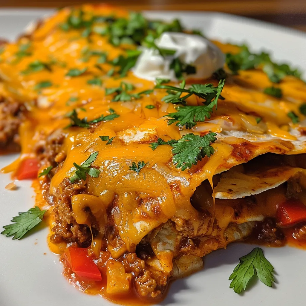Delicious ground beef enchiladas on a plate with sour cream and cilantro on top.