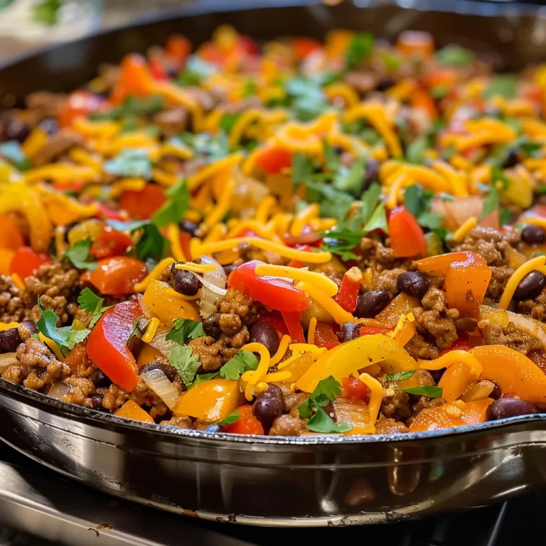 One-Pan Wonder The Ground Beef Taco Skillet That Brings Everyone Together Close-up view of a Ground Beef Taco Skillet with colorful bell peppers and cheese.