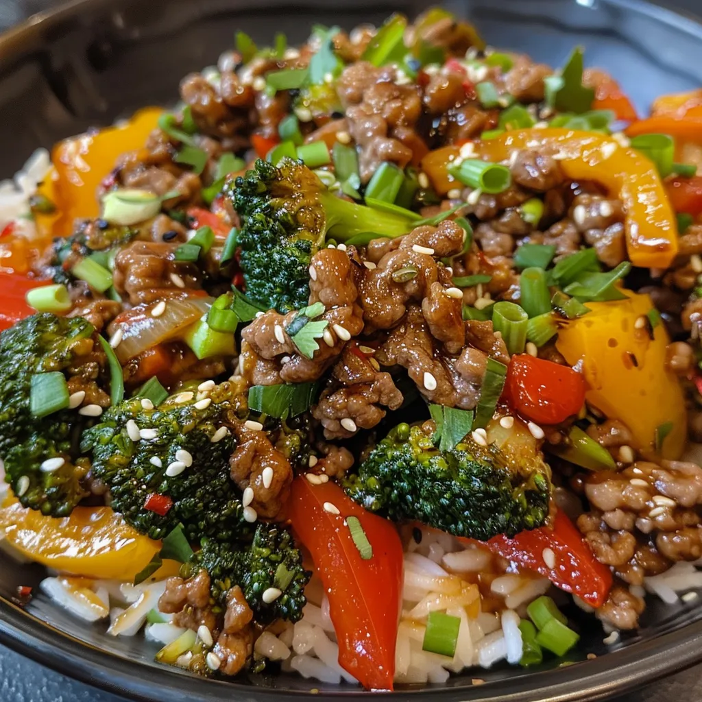 A delectable serving of ground beef teriyaki stir fry with bright vegetables, highlighting the juicy texture.