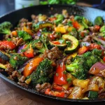 Close-up view of a skillet filled with ground beef and colorful vegetables.