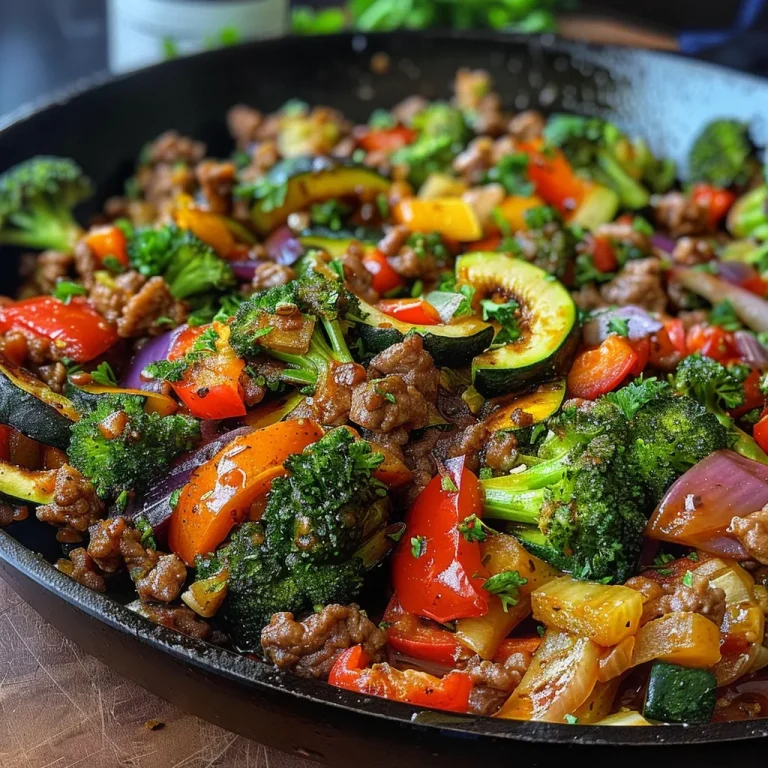 Elevate Your Weeknight Dinners with the Ground Beef Veggie Skillet Close-up view of a skillet filled with ground beef and colorful vegetables.