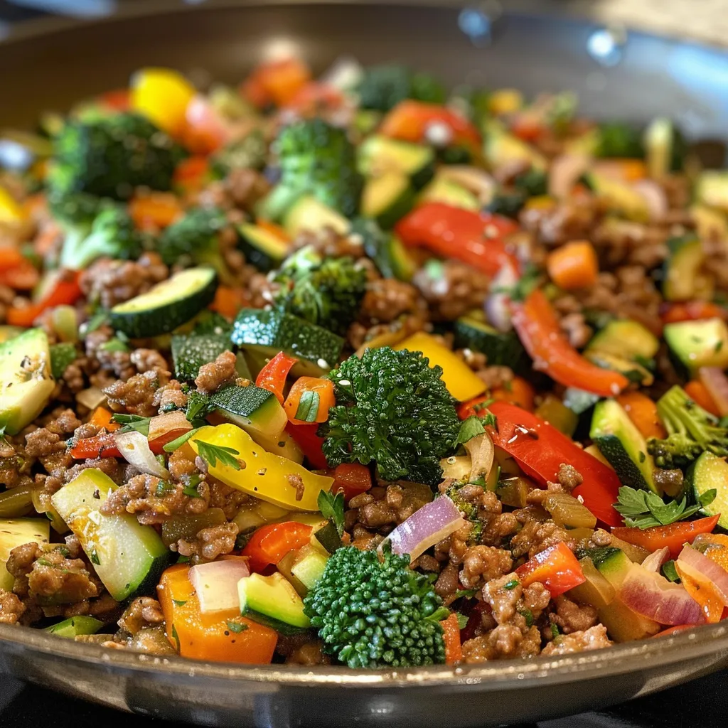 Juicy ground beef and mixed veggies beautifully arranged in a cast-iron skillet.