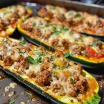 Sliced zucchini boats filled with savory ground turkey and topped with melted mozzarella.