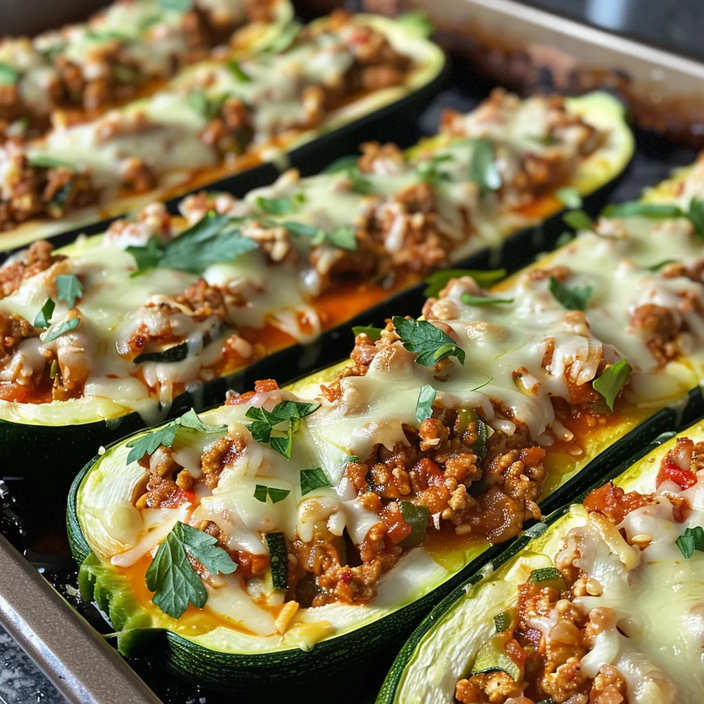 Side view of baked zucchini boats stuffed with ground turkey and garnished with herbs.