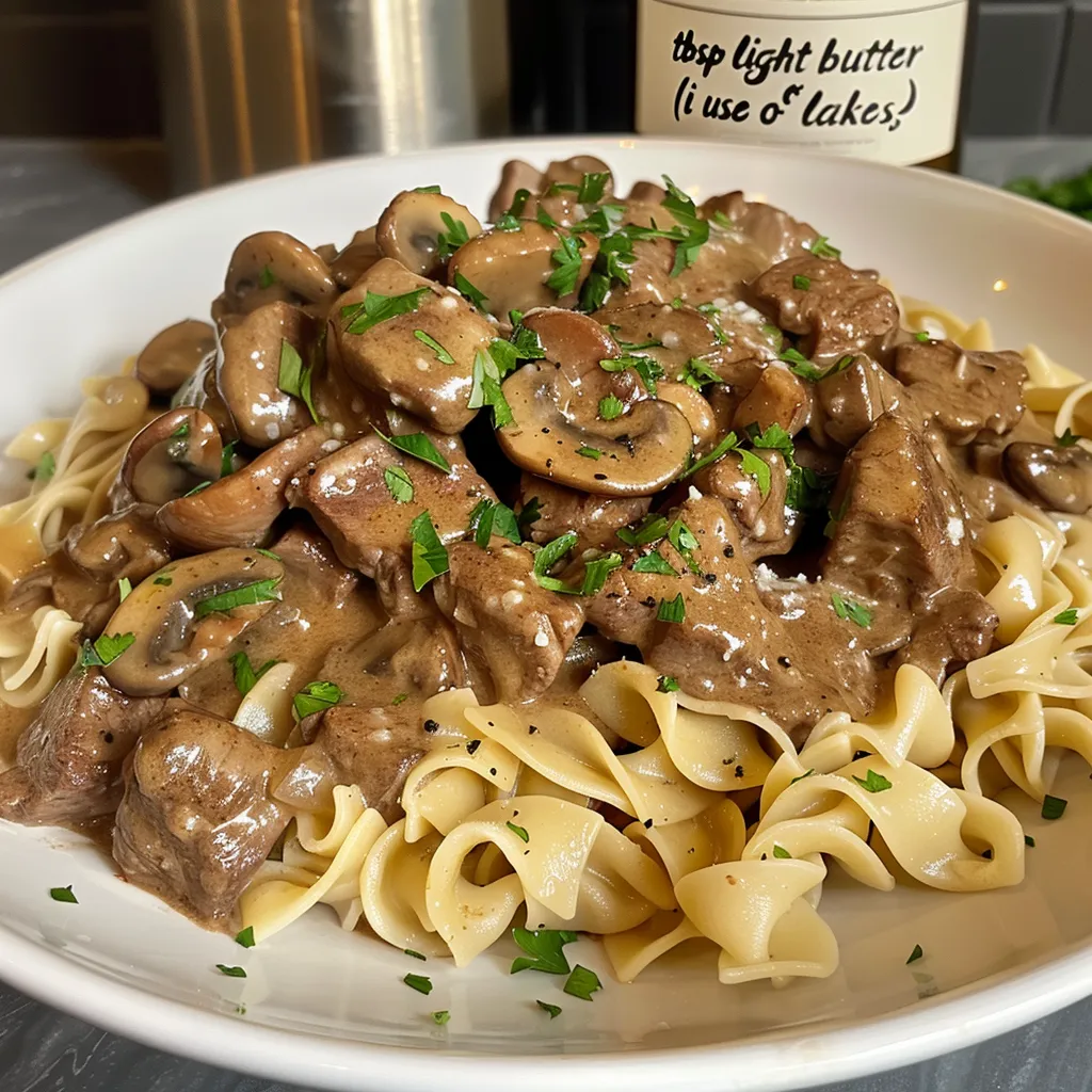 Side view of a delicious Healthy Beef Stroganoff showcasing sliced beef and mushrooms over egg noodles.