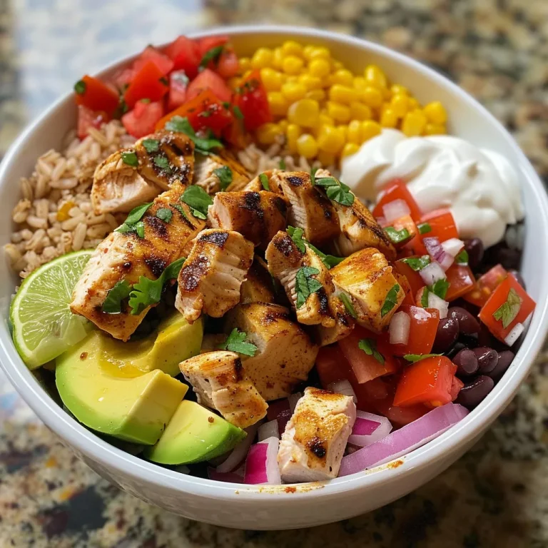 Close-up view of healthy chicken burrito bowl featuring colorful ingredients.