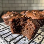 Close-up view of healthy chocolate muffins with a moist texture.