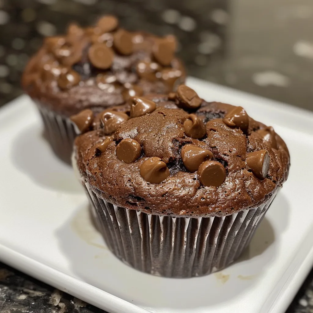 Side view of decadent chocolate muffins, highlighting their rich color and fluffy tops.