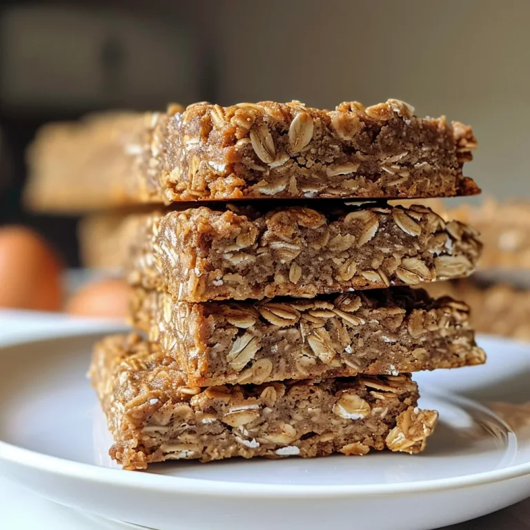 Close-up of healthy oatmeal breakfast bars on a white plate, showcasing a golden brown texture.