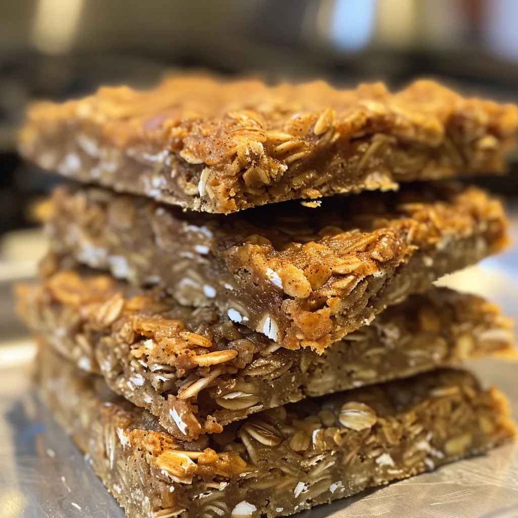 Side view of oatmeal breakfast bars with visible oats and a crumbly texture, captured on a wooden table.