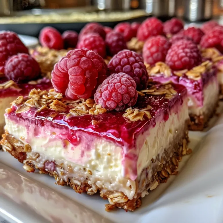 Indulge Guilt-Free: Delightful Raspberry Cheesecake Bars for Every Occasion Juicy raspberry cheesecake bars cut into squares with a creamy filling.