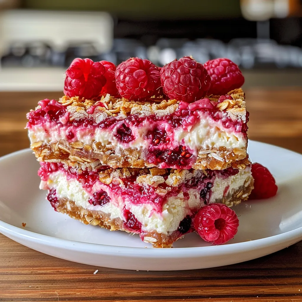 Freshly made raspberry cheesecake bars arranged neatly on a table.